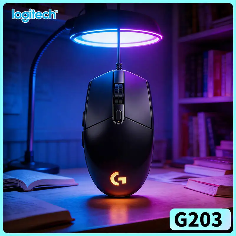 Logitech G203 wired gaming mouse fast in‑game sensor response bright RGB glow anti‑slip feet USB laptop gaming office