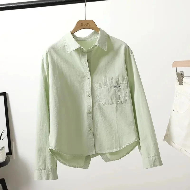 Fashion Cotton Shirt Women's 2026 Spring Summer New Coat Folded Pocket Back Split Short Jacket Korean Leisure Ladies Blouse Tide