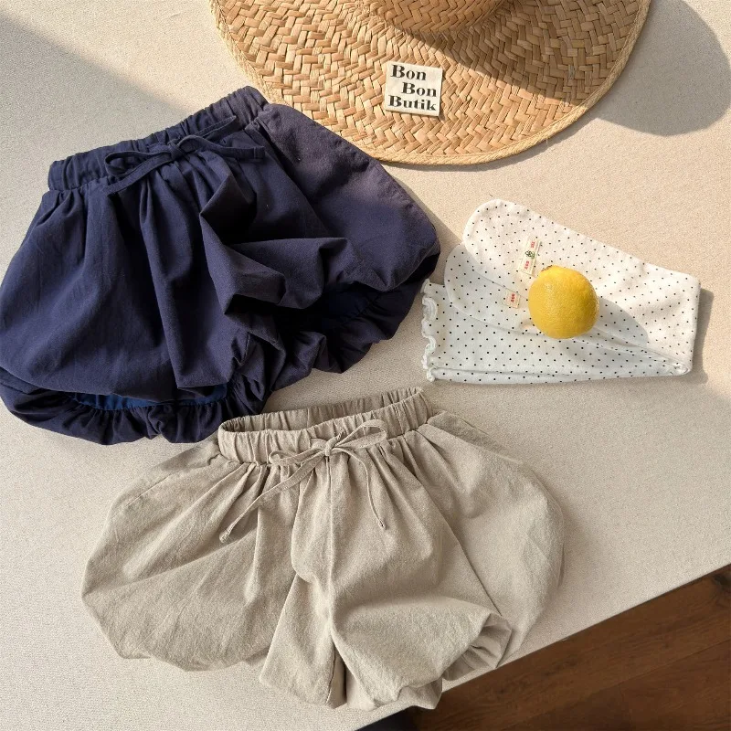 New Summer Girls Bud Shorts Korean Style Solid Color Toddlers Kids Chic Pumpkin Shorts Stylish Casual Vacation Outdoor Shorts