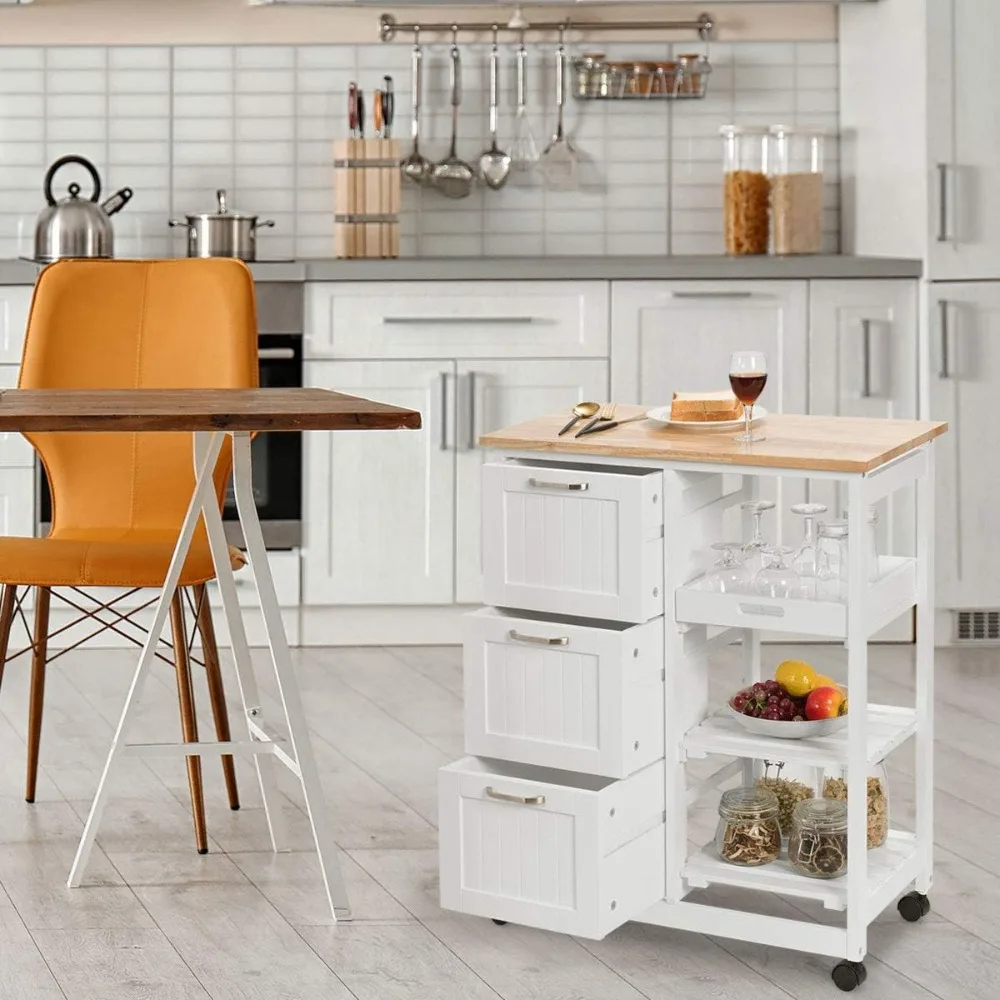 Kitchen Island Cart, Home Bar Serving Cart, Kitchen Trolley with 3 Large Drawers, Storage Shelf and 3 Tier Shelves