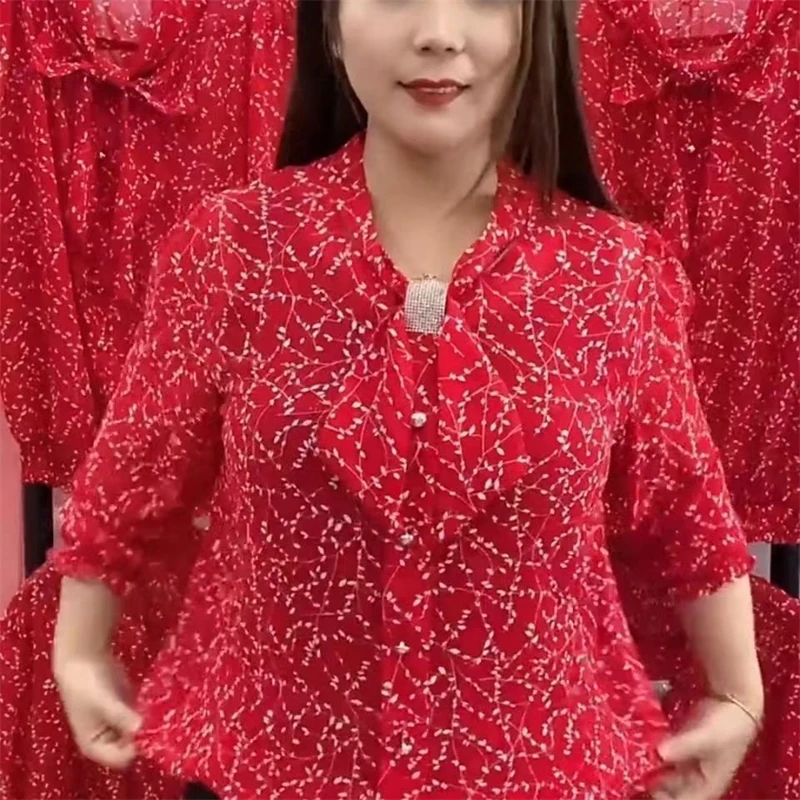 2024 Summer Women\'s Fashion Print Rhinestone Bow Blouse Casual Three Quarter Sleeve Chiffon Shirt Loose Tops Blusas Para Mujer