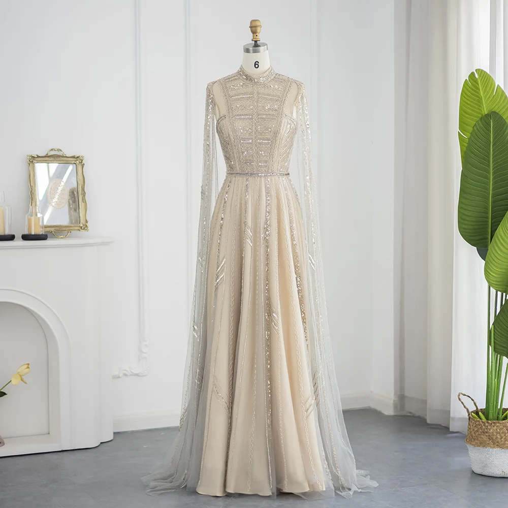 シャロンは言った-女性のためのケープスリーブ、結婚披露宴のためのフォーマルなガウン、灰色とヌード、豪華なドバイ、ss428でカスタマイズされたイブニングドレス