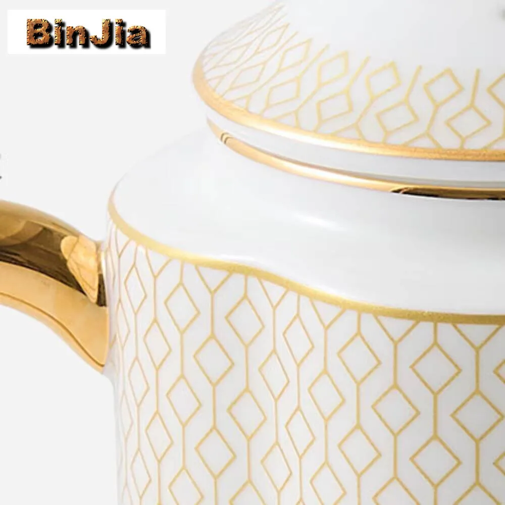 220Ml Gold Plated Grid Patter Bone China Coffee Pot Tea Making Heat-Resistant Kettle Hotel Restaurant With Filtered Teaset
