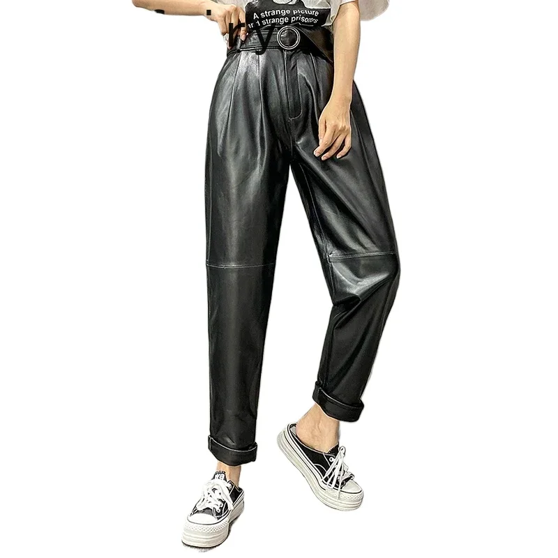 

Genuine Leather Harem Pants Women Sheepskin Leather Pants for Women Korean Fashion Casual Ankle-length High Waist Pants