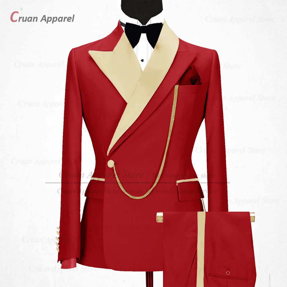 Fashion Red Men Suits Slim fit Luxury Business Evening Dinner Wedding Tuxedos Shiny Lapel Blazer Pants 2 Piece Custom Jacket Set