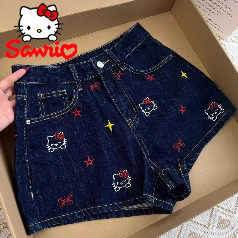 

Sanrio Hello Kitty Sexy Women Denim Shorts Cartoon Fashion Hot Girl Sexy Washed Denim Shorts Female Embroidery Wrapping Jeans