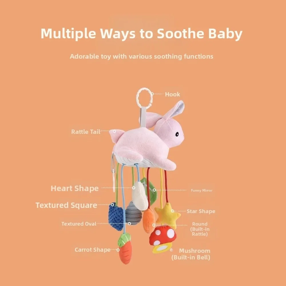 Niedliches Tier-Design, sensorischer Kinderwagen, hängende Ornamente, Handgriff, Zugschnur, Baby-Zugschnur, Spielzeug mit Ringhaken, weicher Beißring