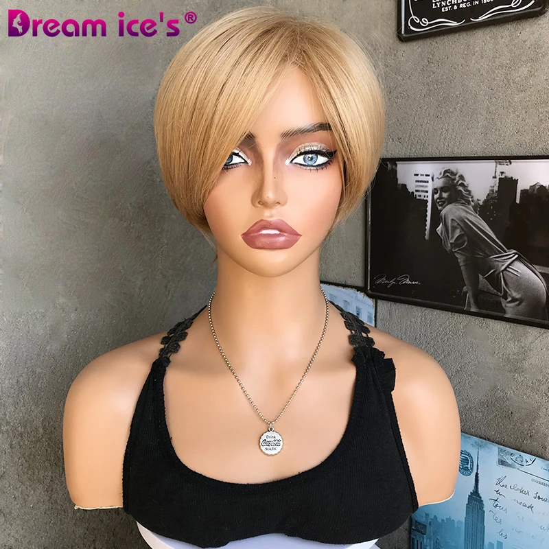 Light Brown Short Straight Wavy Pixie Cut Hair Synthetic Wigs For Women Heat Resistant Fiber Side Part Natural Hair Daily Wigs