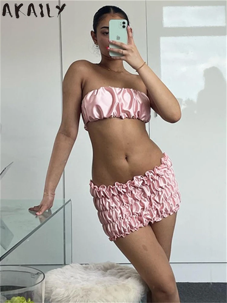 Akaily Summer Pink Ruched 2 Piece Set Beach Party Outfits For Women 2024 Y2K Strapless Sexy Tops And Bodycon Skirt Matching Set