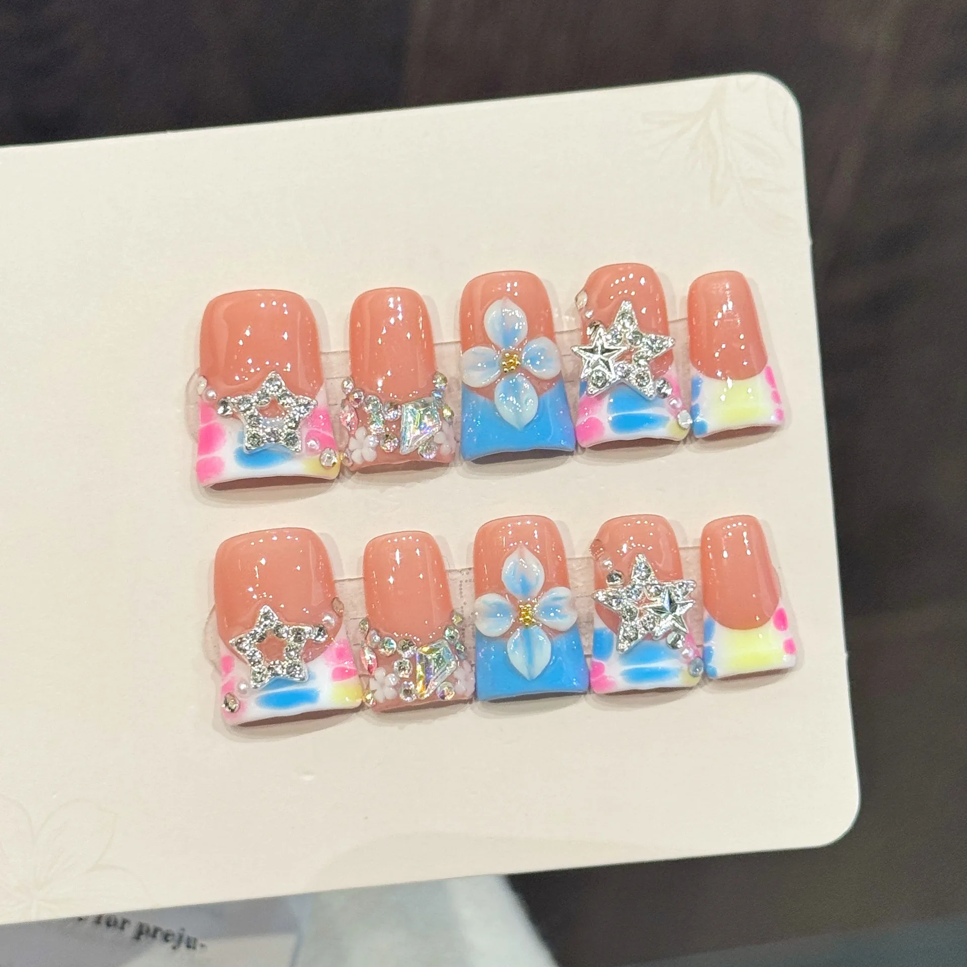 

10pcs Handmade Press on Nails 3D Butterfly Flower Star Diamond Design Fake Nail Tip Wearable French Duck Bill Shaped False Nails