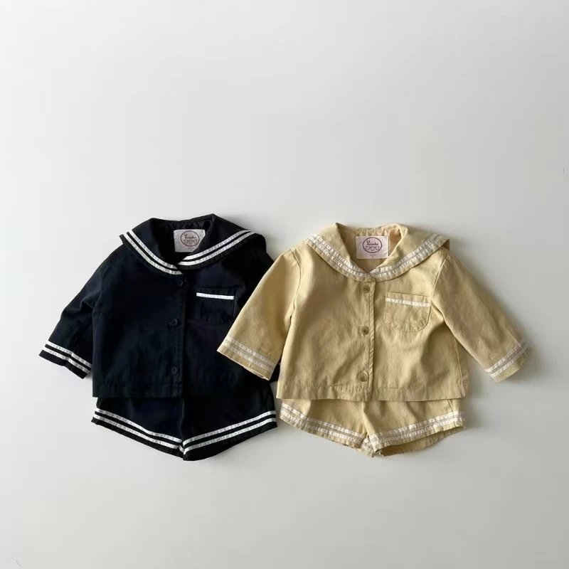 

Korean Children's Clothing Baby long Sleeve Striped Navy Collar Top Shorts Set Fashion Cute Spring Summer New Kids Suits 0-4T