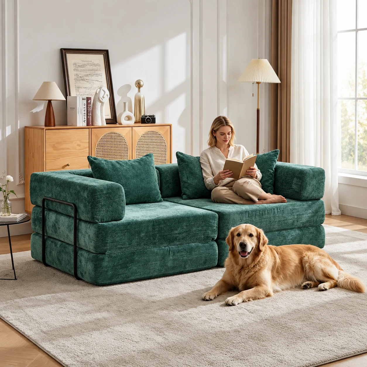 Divano letto modulare a due posti, trasformabile in 4 diverse configurazioni, con braccioli regolabili, rivestimento in ciniglia, divano letto pieghevole per soggiorno, camera da letto e area giochi.