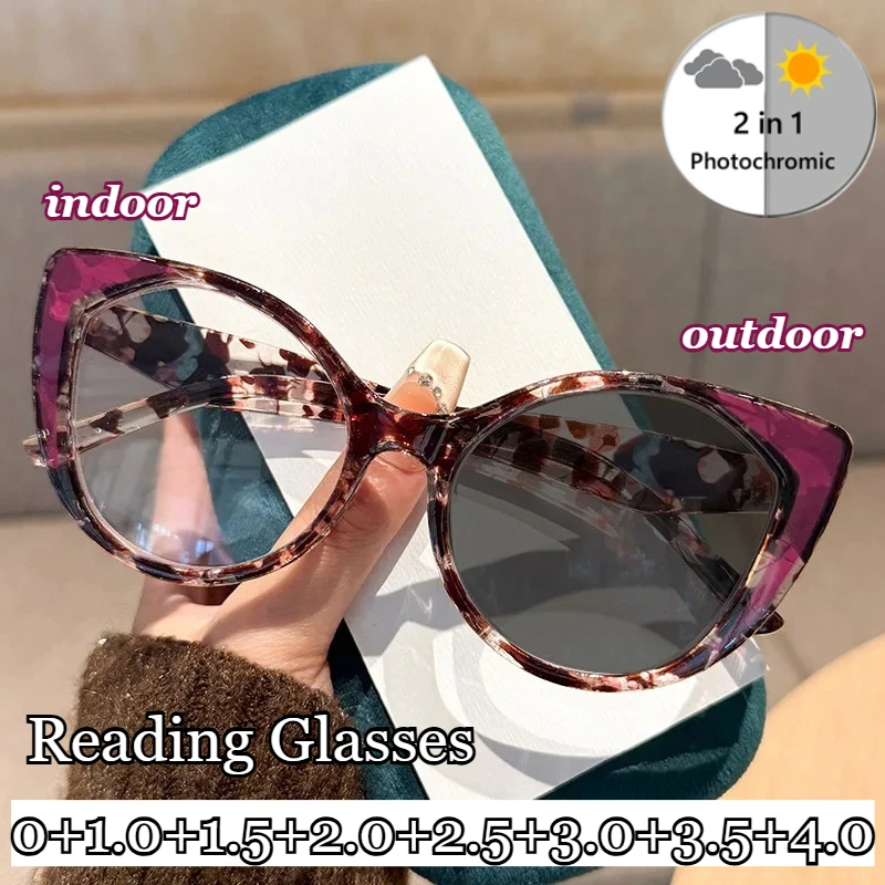 

Women's Fashion Cat-Eye Photochromic Reading Glasses Neutral Personality High-Definition Anti-Blue Light Presbyopia Glasses