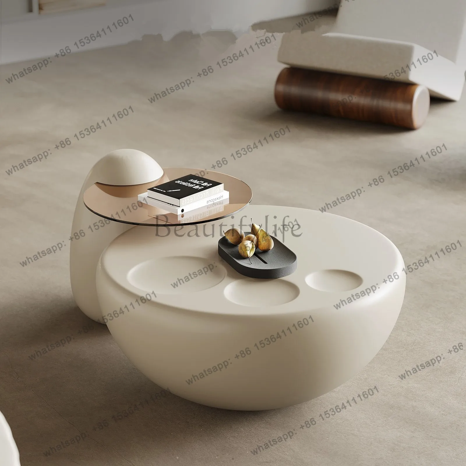 

Cream wind coffee table living room household small apartment white cat paw round coffee table