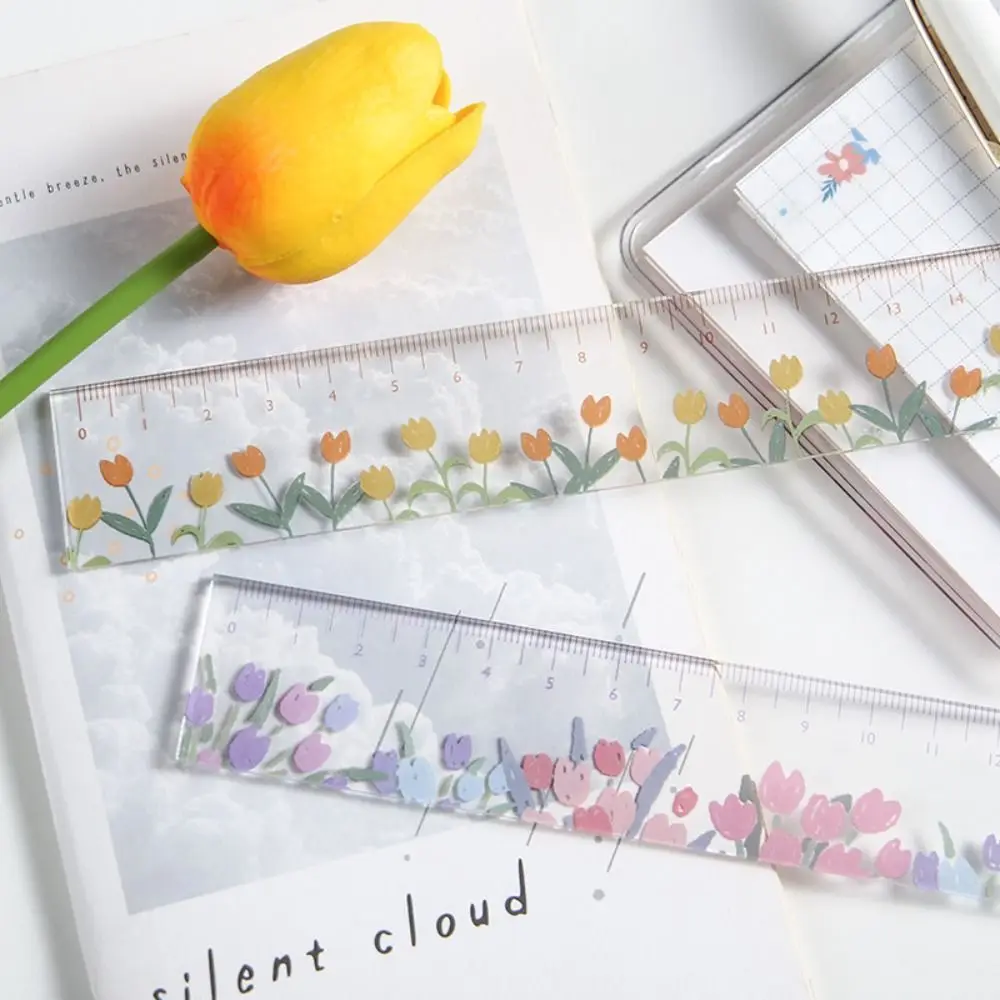 Regla recta de margaritas de tulipán, marcador de flores transparente, regla de dibujo de matemáticas para estudiantes, herramienta de dibujo DIY