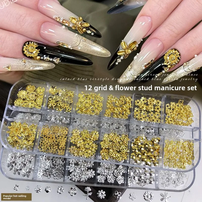 LYLE 12 Grid Gold Silver Flower Nail Art Charms Set Cross Border New Five Petal Rose Rhinestone Studs Mini Charms Assorted Decor