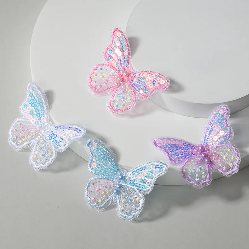 Aplique de mariposa bordado, lentejuelas personalizadas, Clips para el pelo, pendientes, accesorios de decoración, 50 piezas