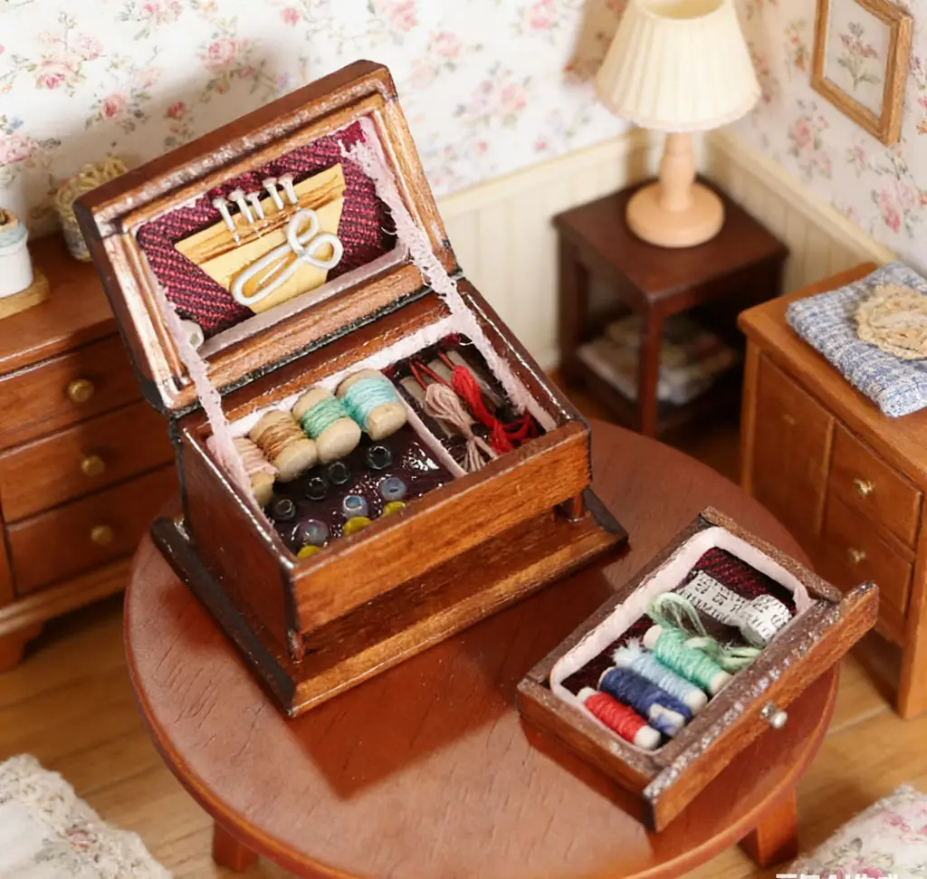 3 szt. Miniaturowe akcesoria meblowe do domku dla lalek w skali 1:12 - Vintage szkatułka na szycie babci z nicią, dekoracja sceny z maszyną do szycia