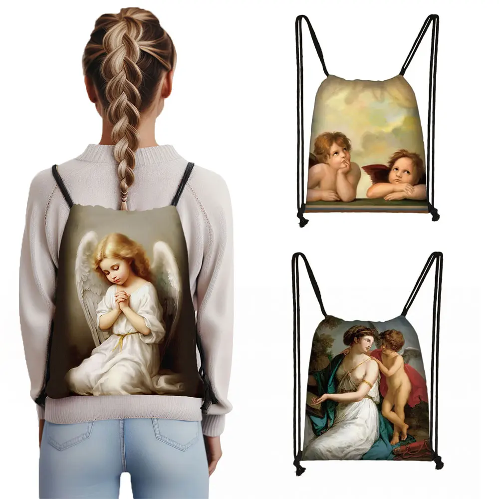 Vintage Oil Painting Print Religion Drawstring Bag Women Fashion Storage Bag Teenager Casual Backpack Travel Bags Bookbag Gift