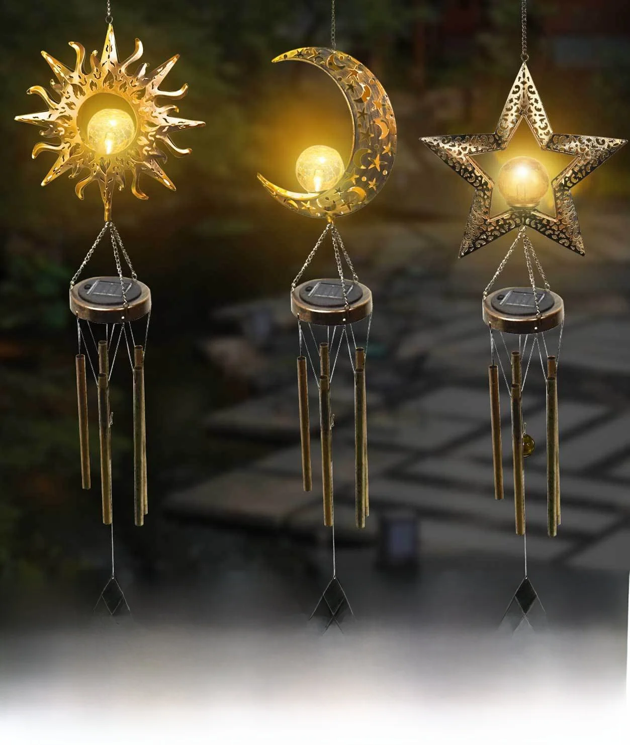 

Солнечные ветряные колокольчики из кованого железа с полым дизайном, фонари в виде Луны и Солнца для декоративного украшения двора, подвесные украшения