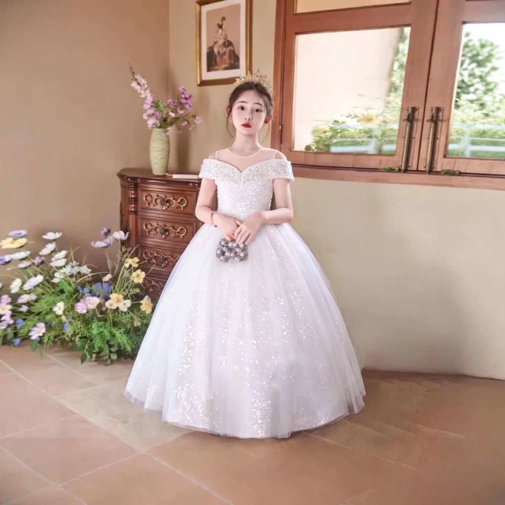 Girls Party Dress Children Kids Birthday Celebration Clothes Host Pageant Princess Gown Piano Performance Outfit Formal Attire