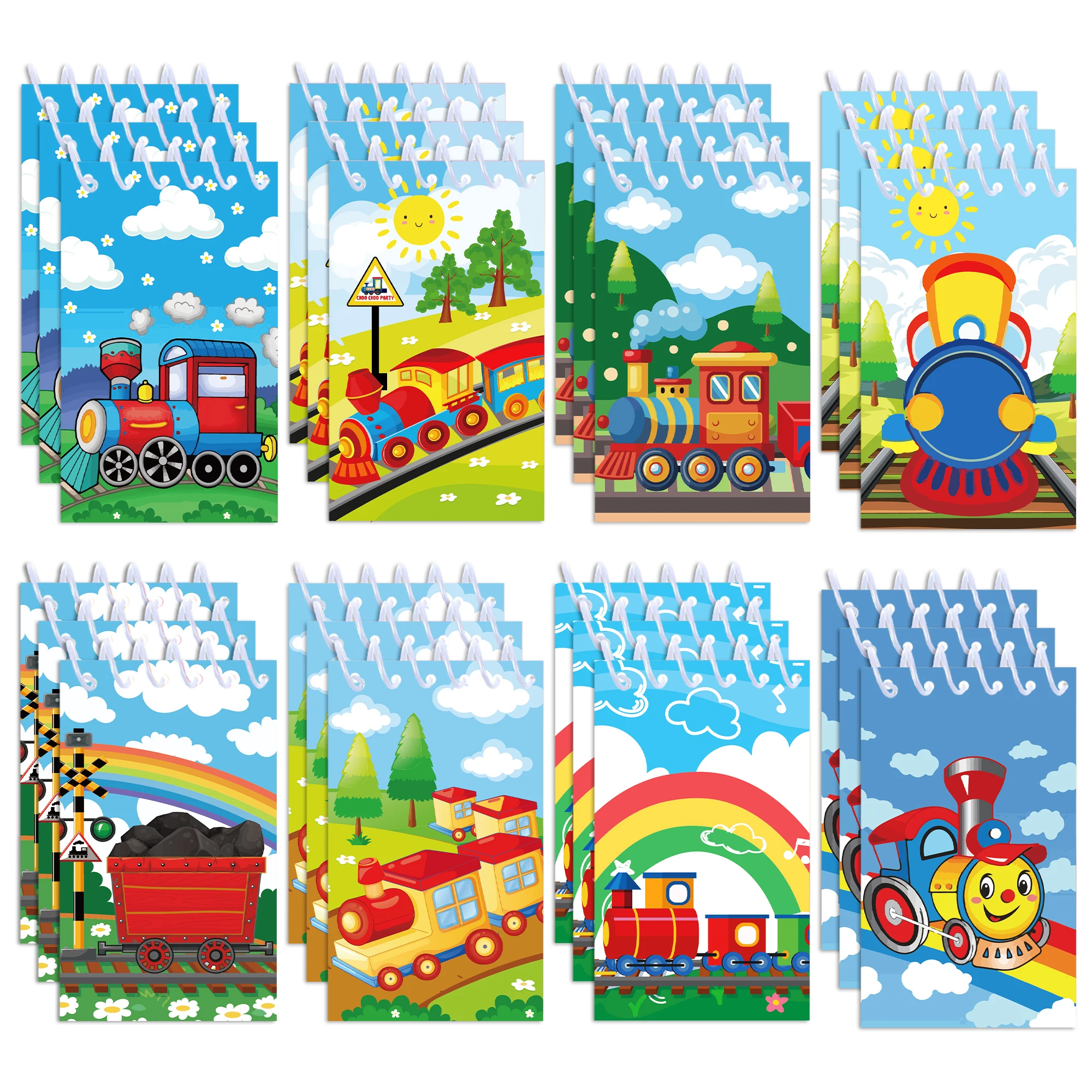 8/16/24pcs Kids Train Spiral Notepad Railway Rainbow Pattern Pocket Notebook for Train Birthday Party Supplies Classroom Rewards