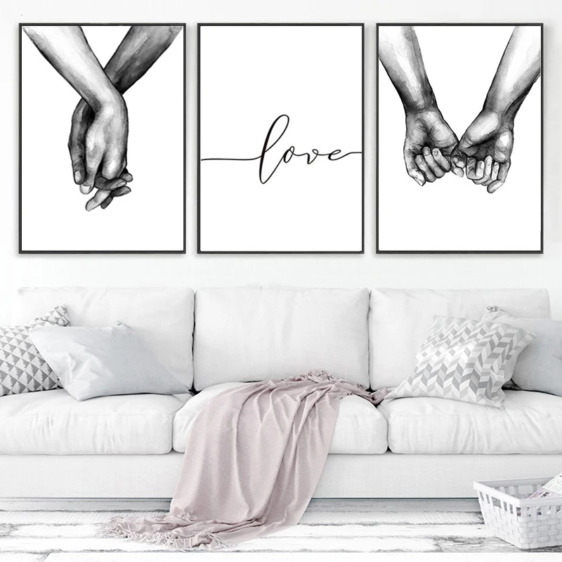 Nordic Black and White Hand In Hand Love Line Art Wall Posters and Prints Canvas Painting Art Picture for Couple's Bedroom Decor