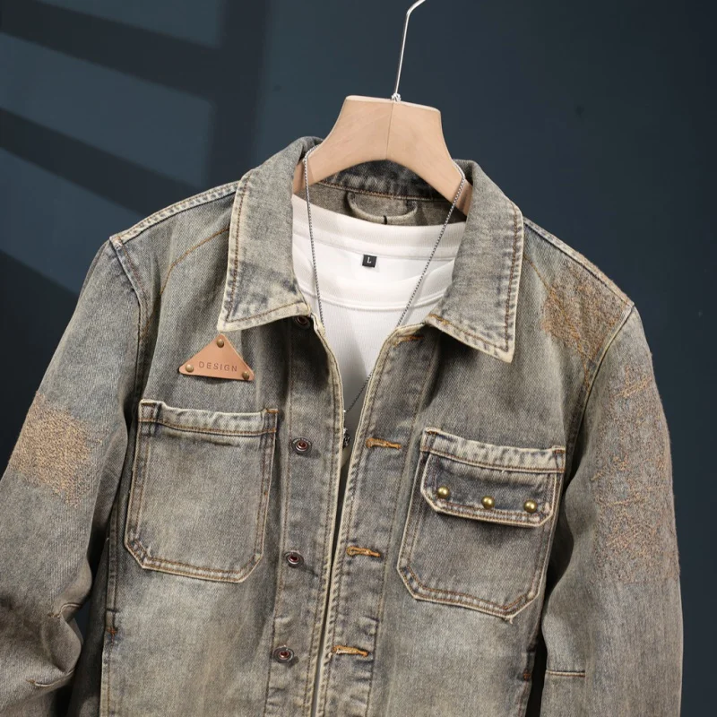 Veste en jean délavée rétro pour homme, haut de gamme, américain, rue décontractée, tendance, automne, nouveau, 2024