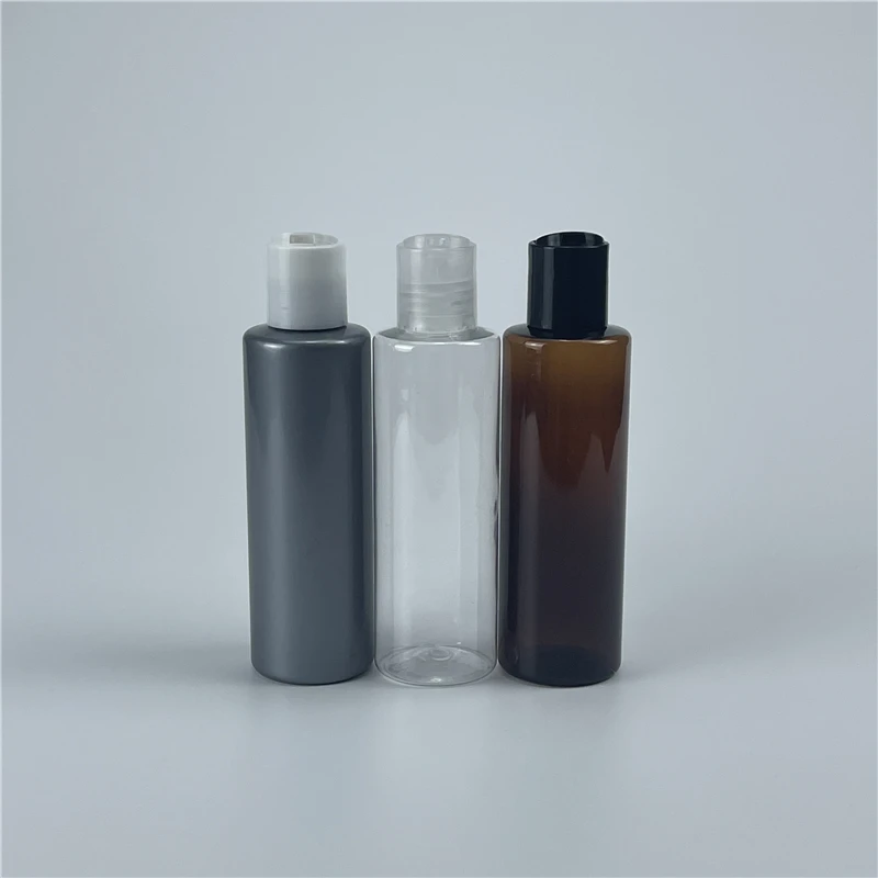 150ml x 40 Empty Clear Grey Brown Plastic Flat Shoulder Bottles With Plastic Disc Top Cap For Shampoo Toner Travel Size Bottles