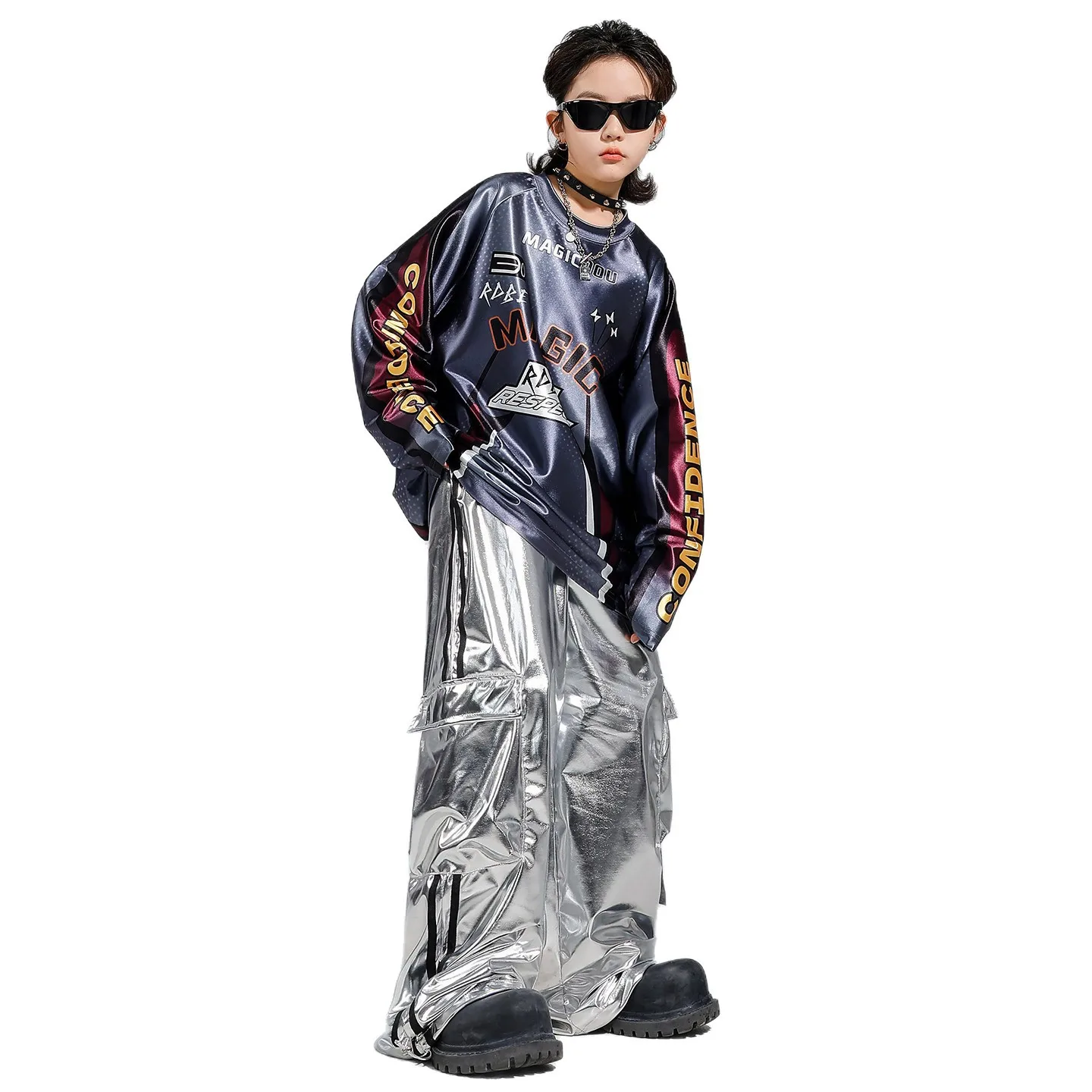 Kid Kpop Hip Hop Clothing White Print Sweatshirt Top Gray Casual Sweat Jogger Pants for Girl Boy Jazz Dance Wear Costume Clothes