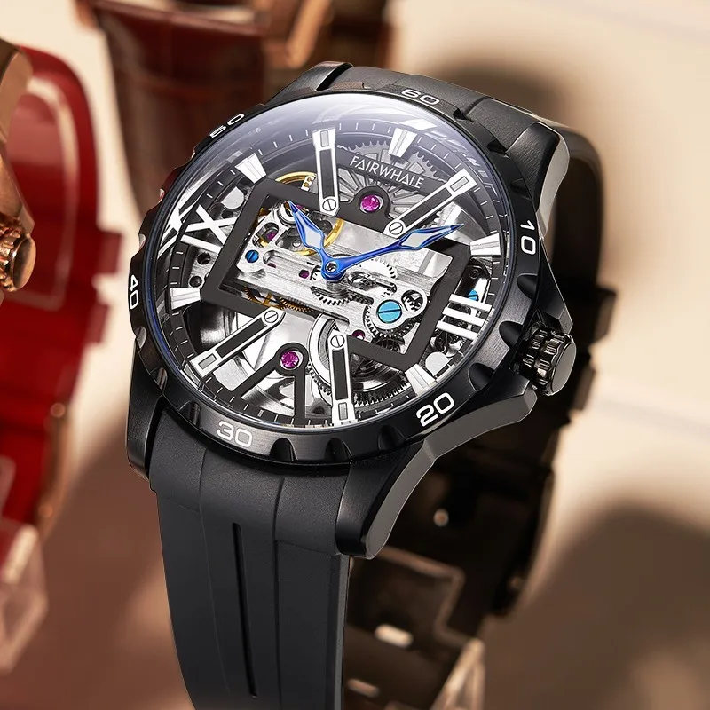 

Mark Fairwhale 6110 Men's Skeleton Automatic Mechanical Watch Waterproof Rubber Strap Fashion Timepiece for Men
