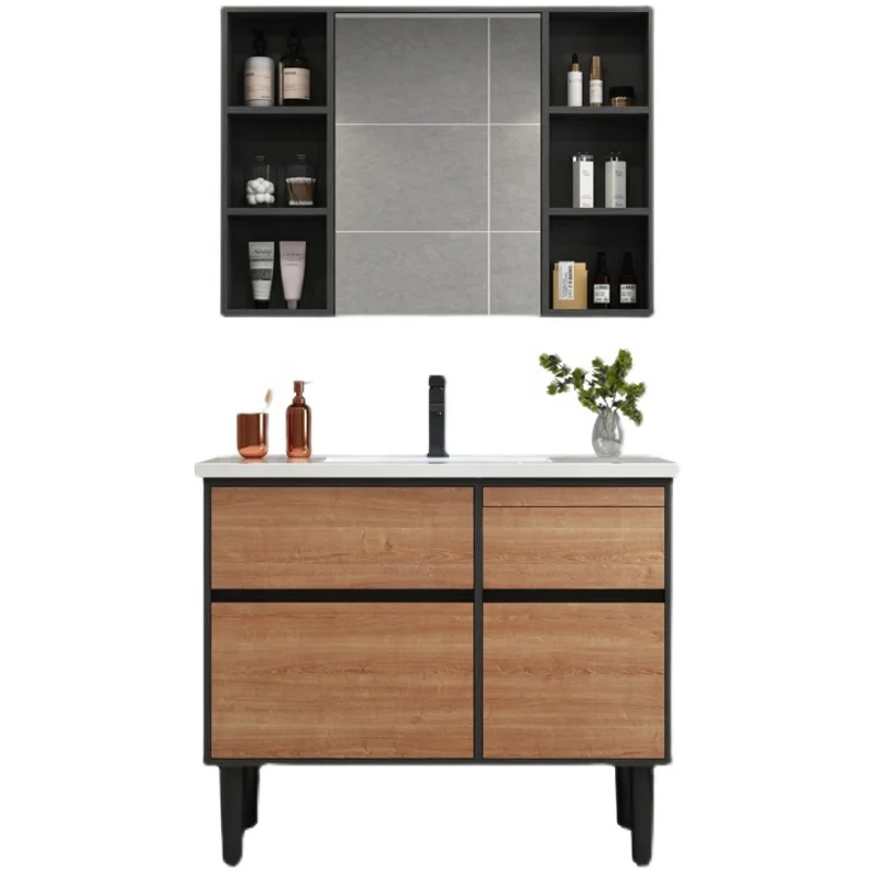 60 Bathroom Vanity Sink Combo Wall Mounted Walnut Veneer  Cabinet Two Drawers Vanity Set White Ceramic Vessel Sink Top