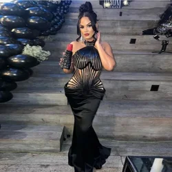 Chic Halter Black Smooth Satin Mermaid Evening Dress With Train Sexy See Through Sequins Party Dresses Custom Made Woman Clothes