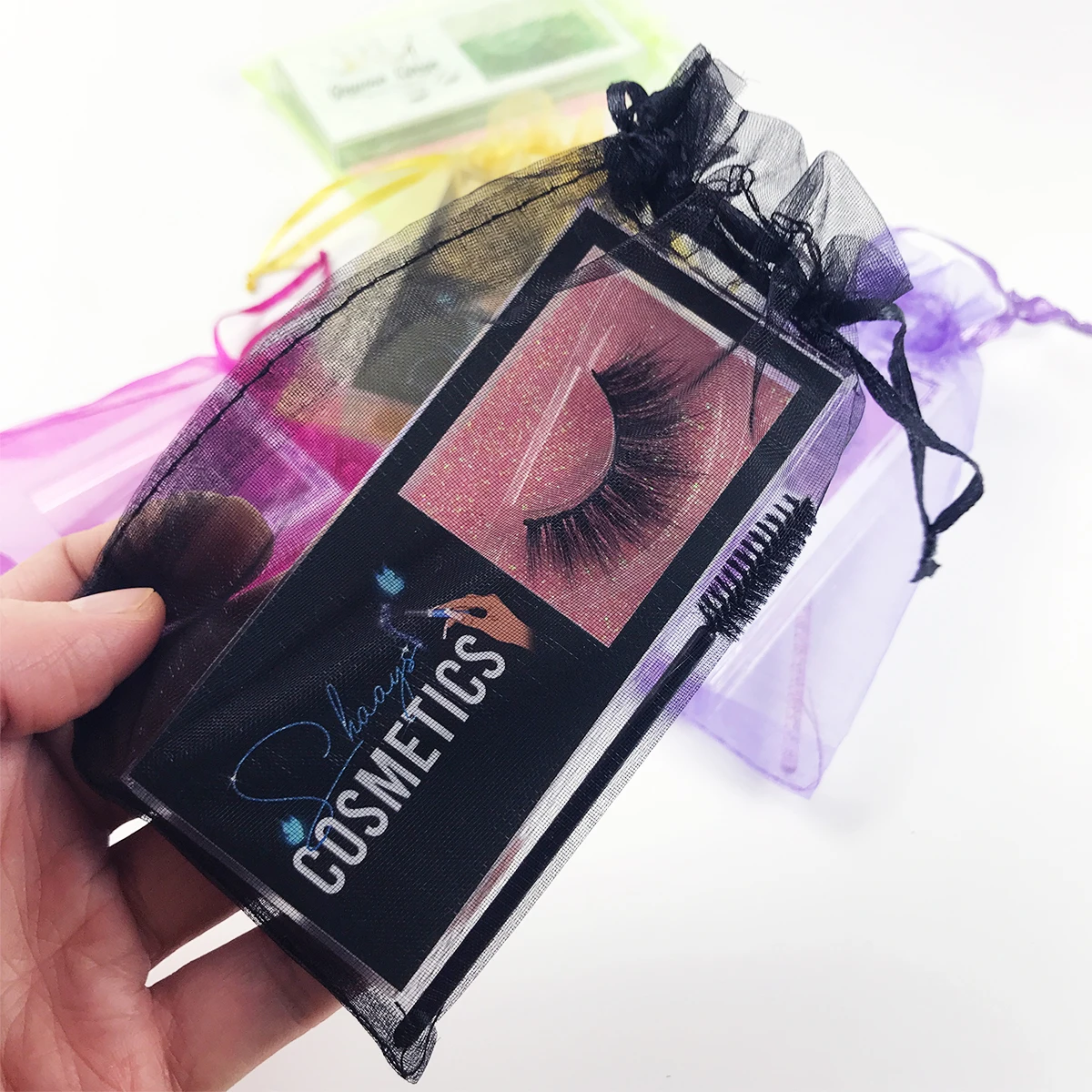 Wholesale 50/100Pcs Pink/Black Eyelash Packaging Mesh Bag And Mascara Wands Bundle Spoolies For Eyelash Business Makeup Set