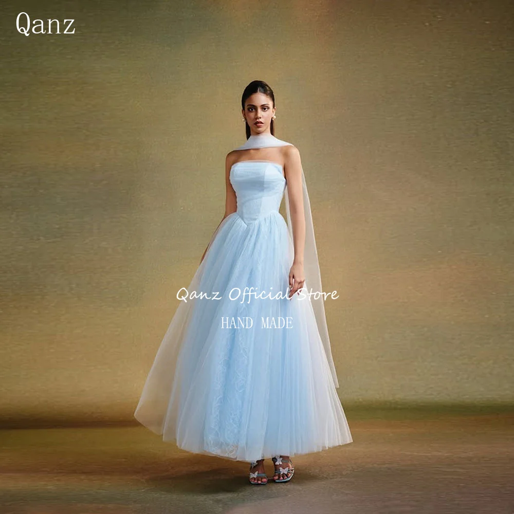 Qanz céu azul tule vestidos de noite uma linha rendas vestidos de fiesta elegantes 2025 tornozelo comprimento robe de soirée personalizado