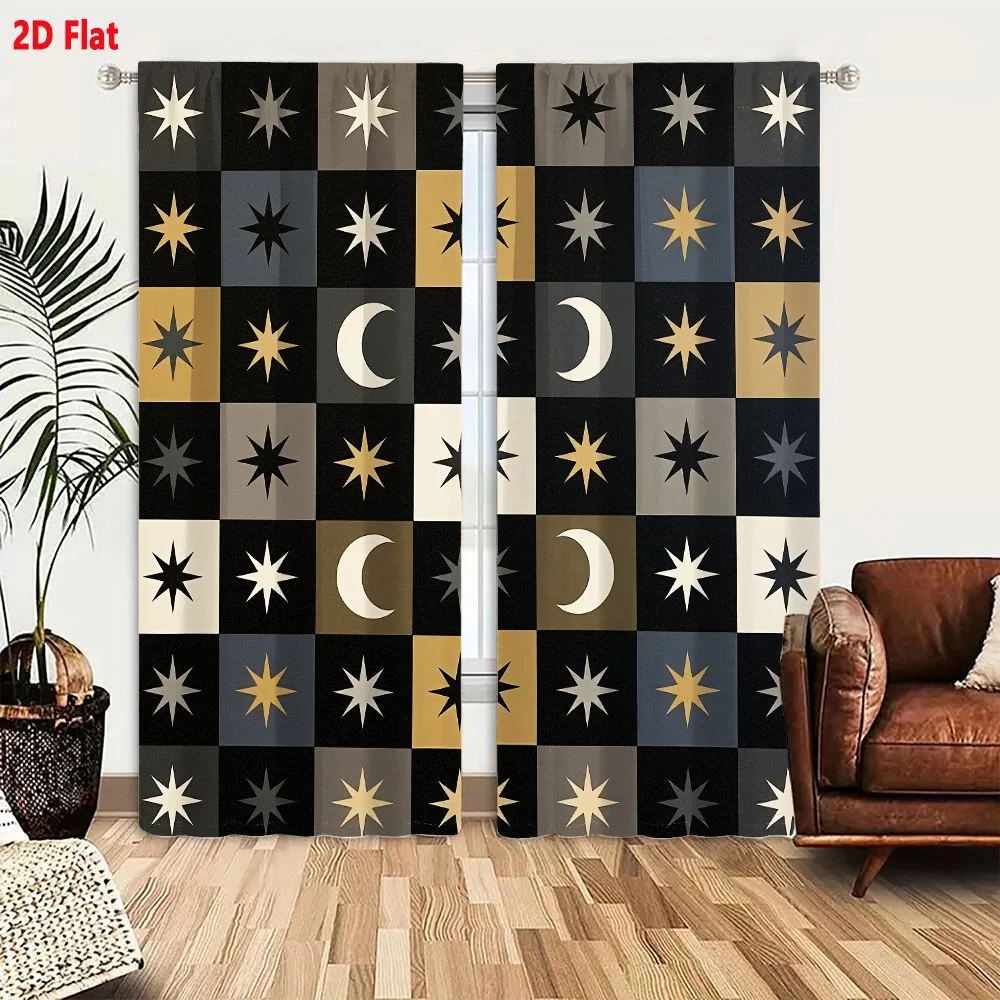 2Pcs Curtains 2D Flat Geometric Islamic Pattern With Stars And Moons In Earthy Tones Window Drapes for Bedroom Room Decor Decora