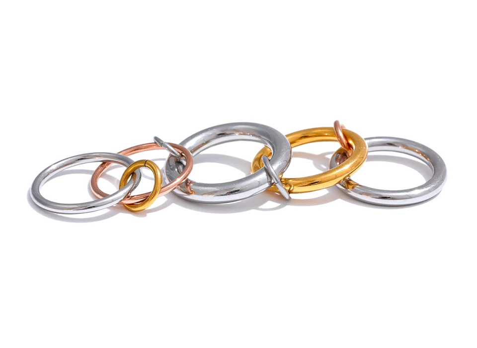 Yhpup Edelstahl, 3 Farben, 5 Glieder, gestapelte Ringe, PVD-Schmuck, echt vergoldet, für Damen – Detail 6
