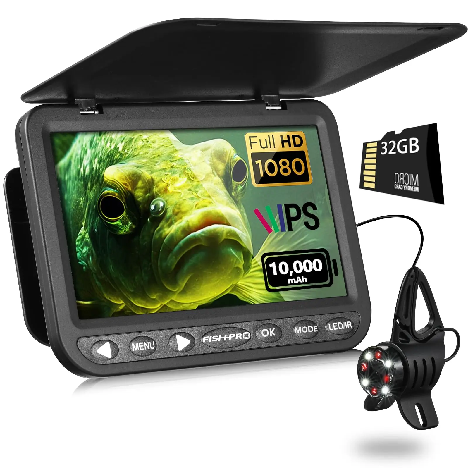 [2024 Upgrade] 7'' Underwater Fishing Camera w/DVR-32GB,[HD 1080P]Ice Fishing Camera w/ 10,000mAh Li-Battery,IR & LED for Dark