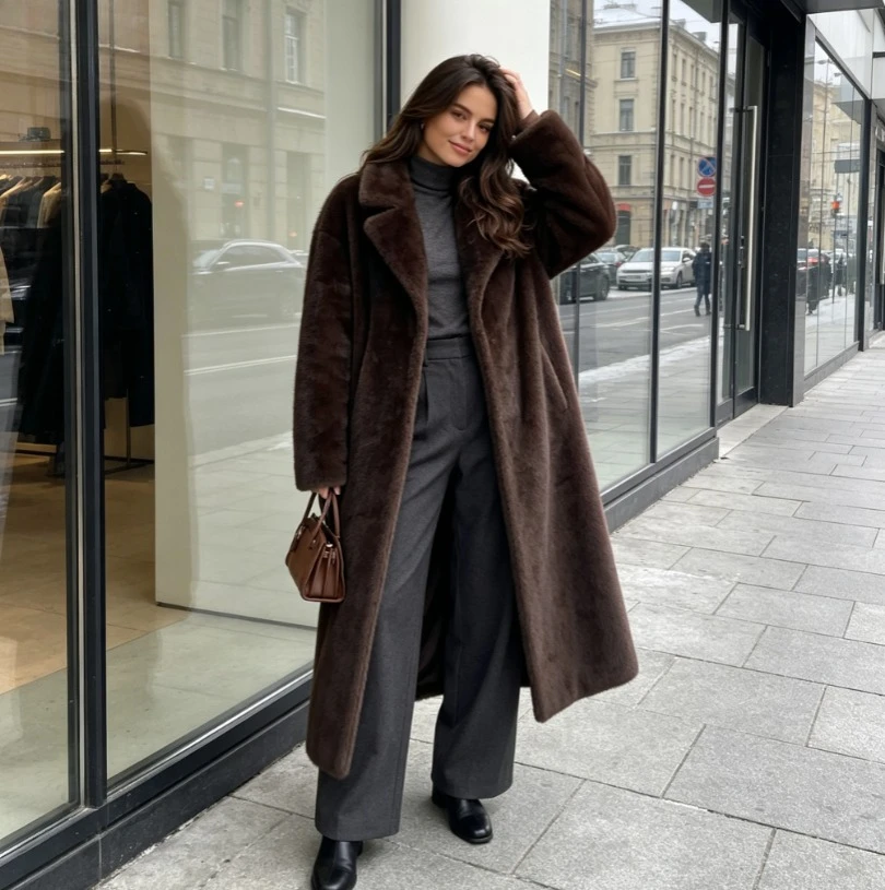 Long Coats Women Faux Fur Y2k Maxi Overcoat Lace Up Turn Down Collar Full Sleeve Thick Loose Elegant Jackets Autumn Winter 2026