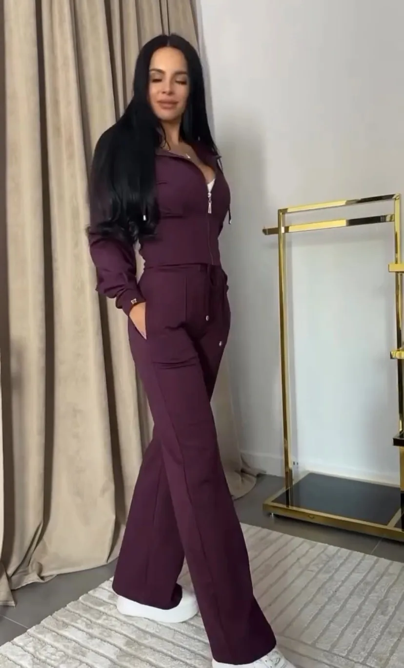 Fashion Slim Sports Suit For Women Autumn New Hooded Long Sleeve Zipper Short Top High Waist Lace Up Trousers Two Piece Set