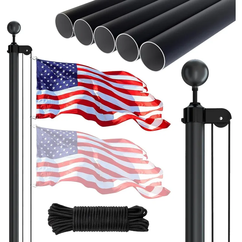 20FT Sectional Flag Pole Kit, Heavy Duty Aluminum Outdoor In-Ground Flagpole, Black Ball Top, 3x5 USA Flag for Residential