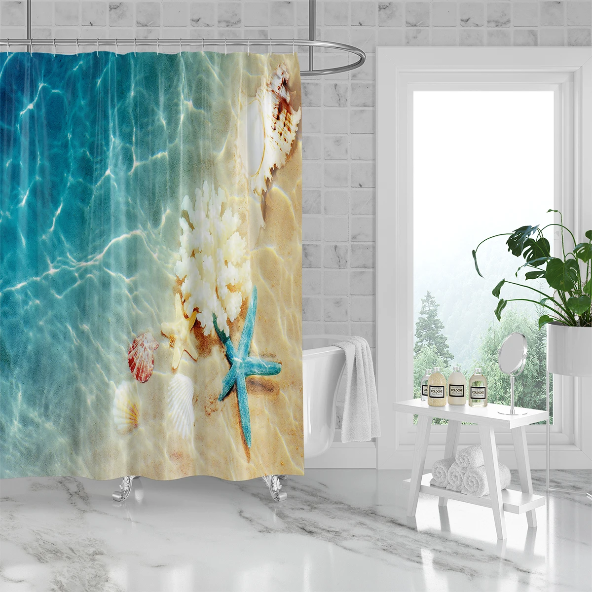 1 piece of 180x180cm beach starfish printed shower curtain with hooks, waterproof and mildew proof partition in the bathroom