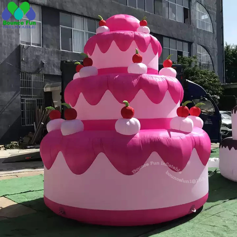 Ballon gonflable géant rose pour gâteau joyeux anniversaire, modèle de gâteau gonflable cerise rouge pour décoration de fête d'anniversaire
