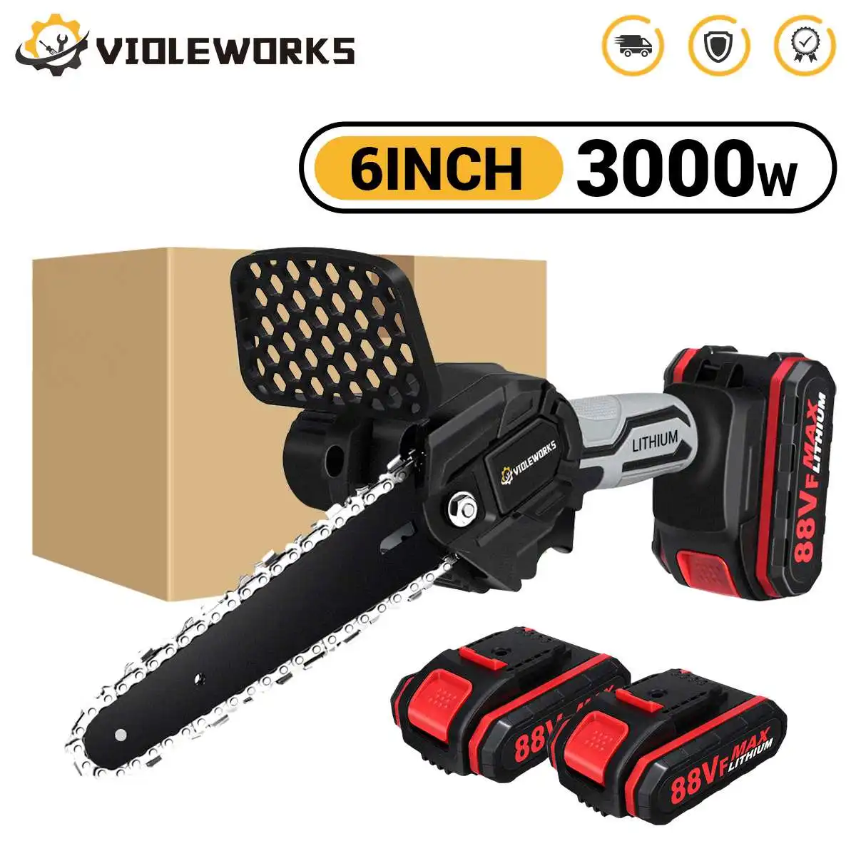 

6 Inch Cordless Electric Chain Saw Rechargeable Handheld Portable Wood Cutting Chainsaw Landscaping Shears by VIOLEWORKS