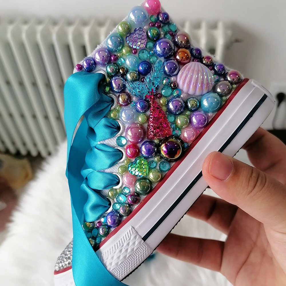 Zapatos de lona con diamantes de imitación hechos a mano para niñas y mujeres, zapatillas de perlas brillantes, fiesta de cumpleaños, boda