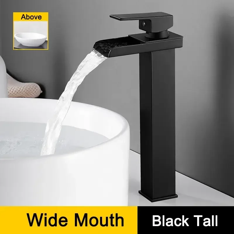 Bathroom Waterfall Basin Sink Faucet Black Faucets Brass Bath Faucet Hot&Cold Water Mixer Vanity Tap Deck Mounted Washbasin tap