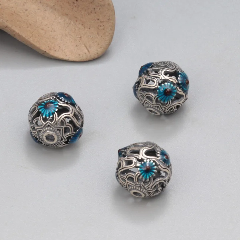 925 Sterling Silver Enamel Small Flower Round Spacer Beads Vintage Hollow Bead DIY Handmade Materials for Jewelry Making PZ015