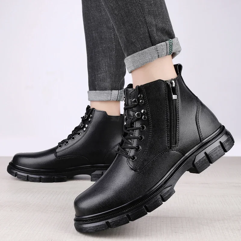 Winter Genuine Leather Side Zipper Motorcycle Boots Gentleman Business Chelsea Men Boots Soft SoleHigh Top Wedding Leather Shoes