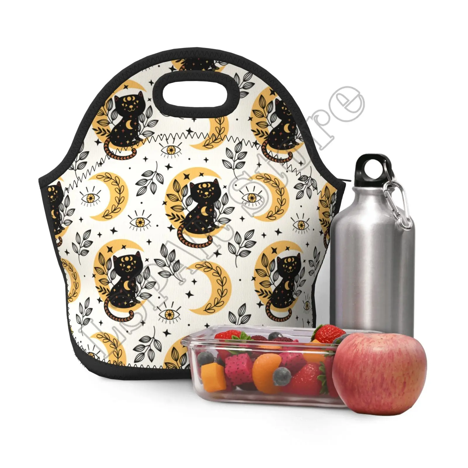 Neoprene Lunch Tote Bag Magic Cat Moon Witchy Thermal Lunch Carrying Bag, Lunch Box & Food Container, Insulated Soft Lunchbox