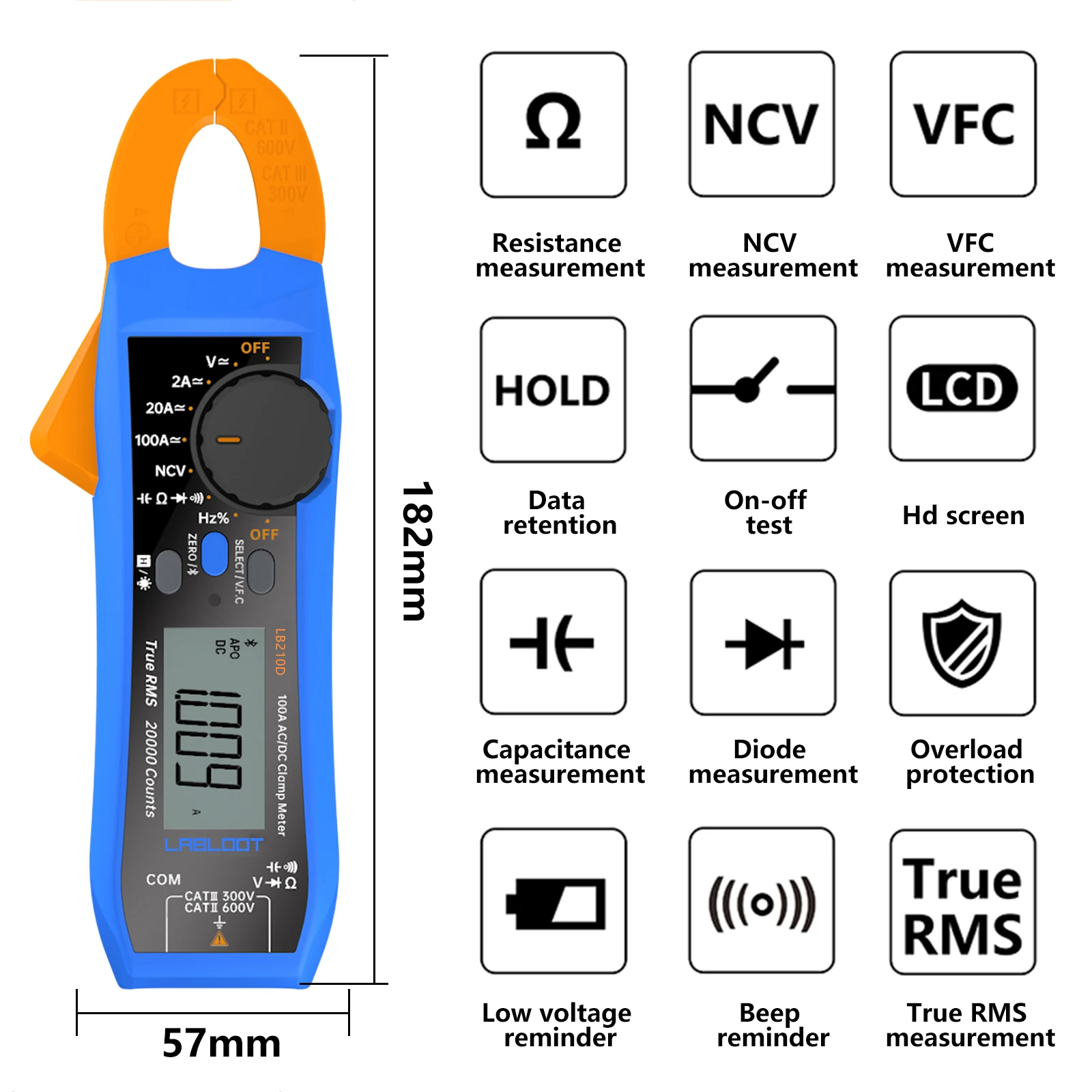 Imagem -03 - Testador Elétrico Digital com Bluetooth 100amp 600v Inteligente ac dc Clamp Multímetro True Rms Vfc Diodo Multímetro Labloot-lb210d